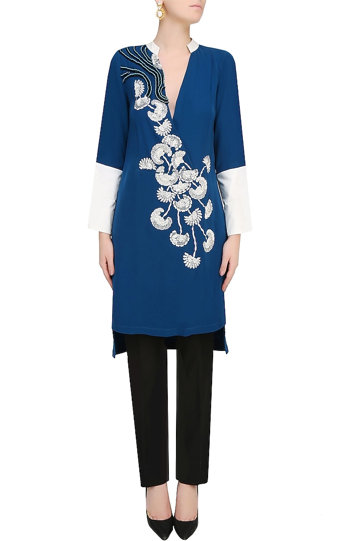 Navy blue and ivory floral embroidered high low tunic available only at Pernia's Pop Up Shop.