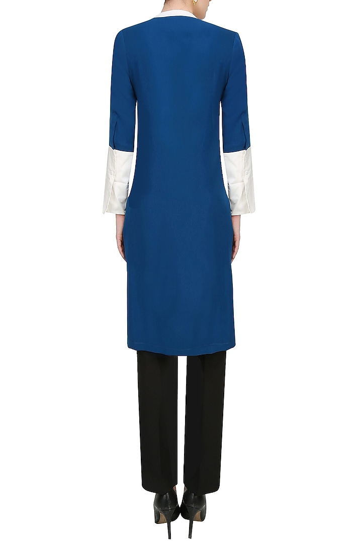 Navy blue and ivory floral embroidered high low tunic available only at Pernia's Pop Up Shop.
