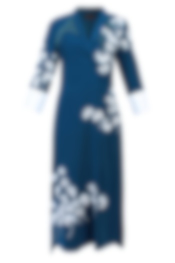Navy Blue And Ivory Floral Embroidered Collared Kurta by Vineet Bahl