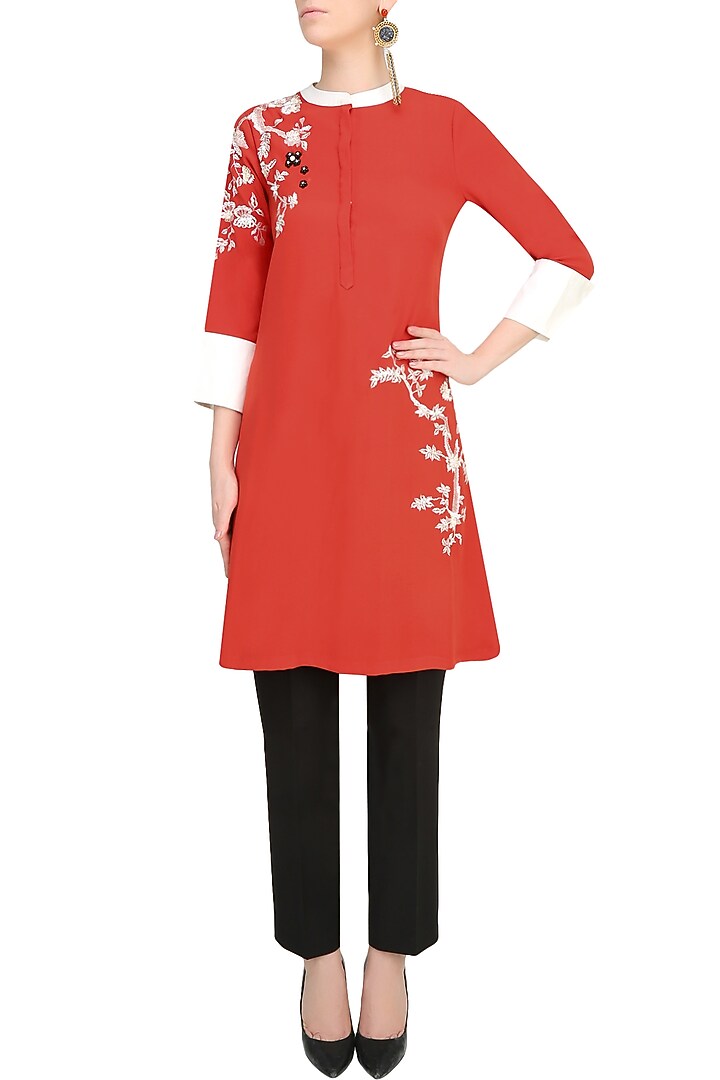 Orange floral beads and thread applique work tunic available only at Pernia's Pop Up Shop.