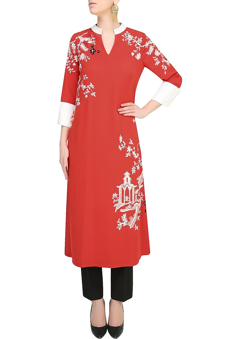 Orange floral beads and thread applique work kurta available only at Pernia's Pop Up Shop.