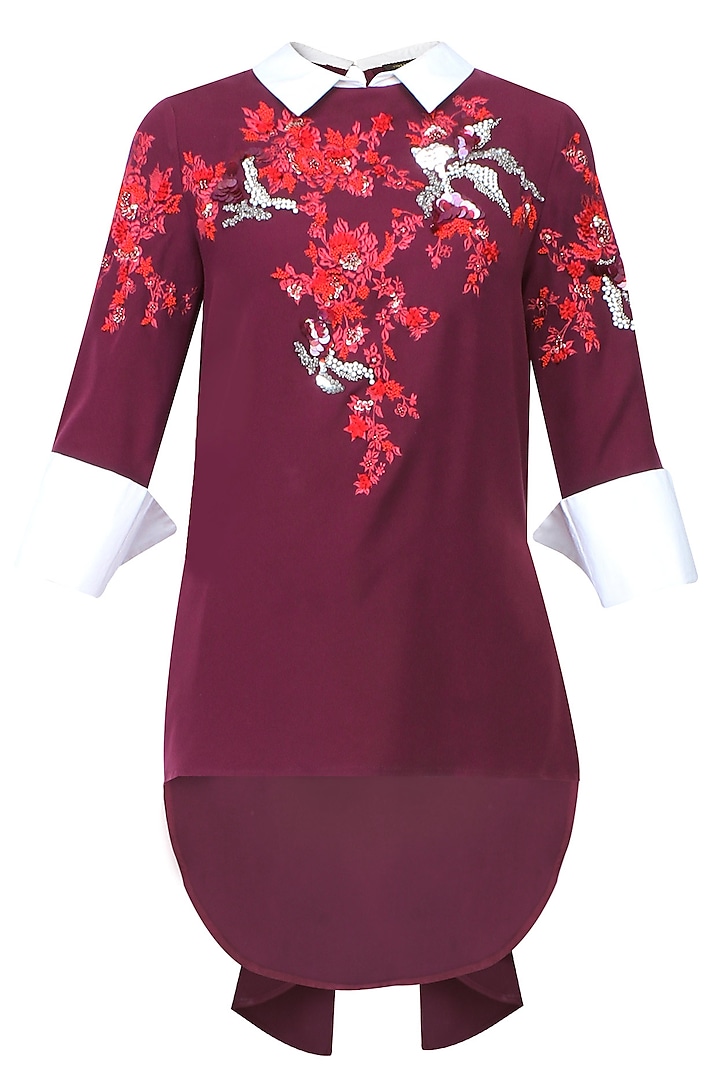 Wine, Red And White Floral Embroidered Motifs Top by Vineet Bahl