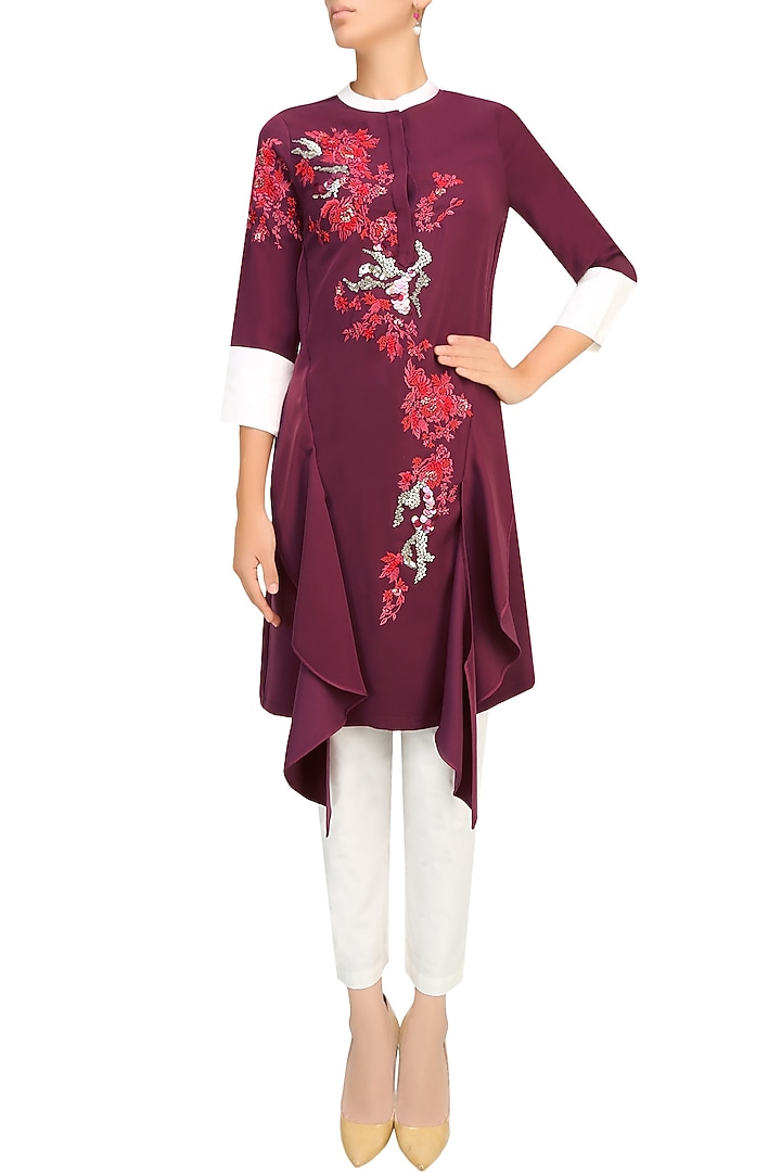 Wine, red and white floral embroidered motifs tunic available only at Pernia's Pop Up Shop.