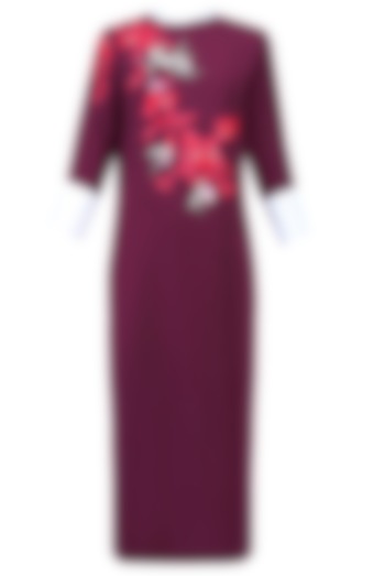 Wine, Red And White Floral Embroidered Motifs Kurta by Vineet Bahl