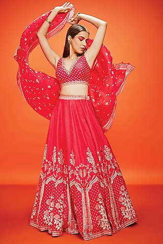 Cherry Red Raw Silk Printed & Embroidered Lehenga Set by Vidhi By A La Mode