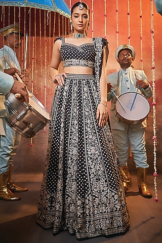Black Raw Silk Printed & Embroidered Lehenga Set by Vidhi By A La Mode