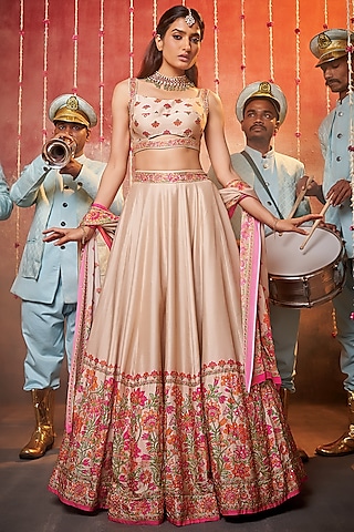 Beige Raw Silk Printed & Embroidered Lehenga Set by Vidhi By A La Mode