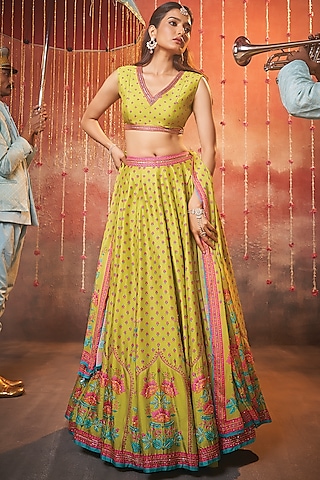 Chartreuse Green Raw Silk Printed & Embroidered Lehenga Set by Vidhi By A La Mode
