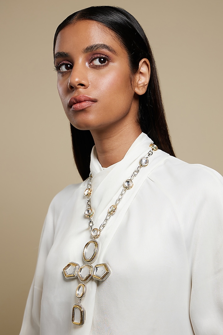Two Tone Plated Glass Polki Cross Necklace by Valliyan By Nitya Arora at Pernia's Pop Up Shop