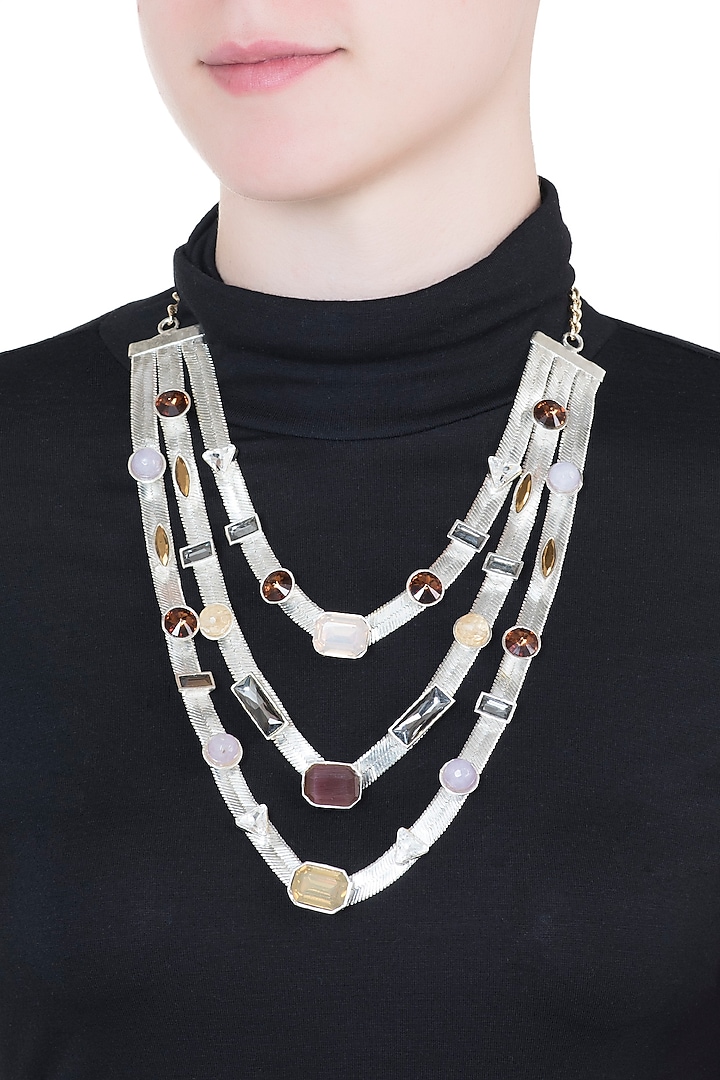 Silver plated multi colored 3 layered necklace by Valliyan by Nitya Arora