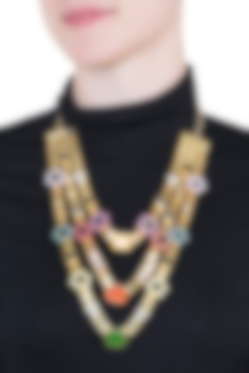 Gold plated multi colored 3 layered necklace by Valliyan by Nitya Arora
