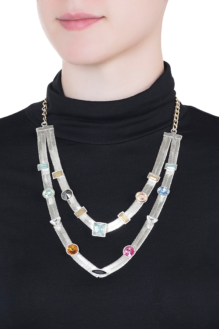 Silver plated multi colored layered necklace by Valliyan by Nitya Arora