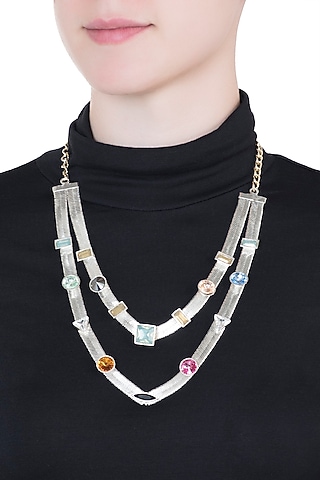 Silver plated multi colored layered necklace by Valliyan by Nitya Arora