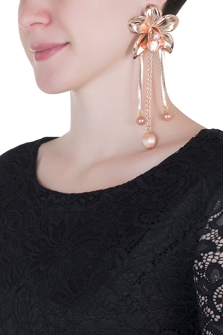 Rose gold plated orchid earrings by Valliyan by Nitya Arora
