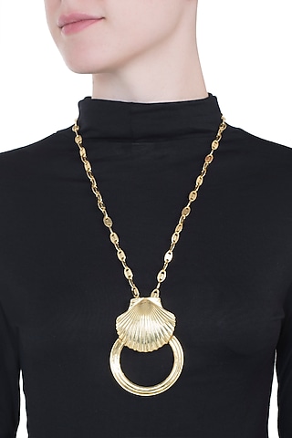 Gold plated shell hoop necklace by Valliyan by Nitya Arora