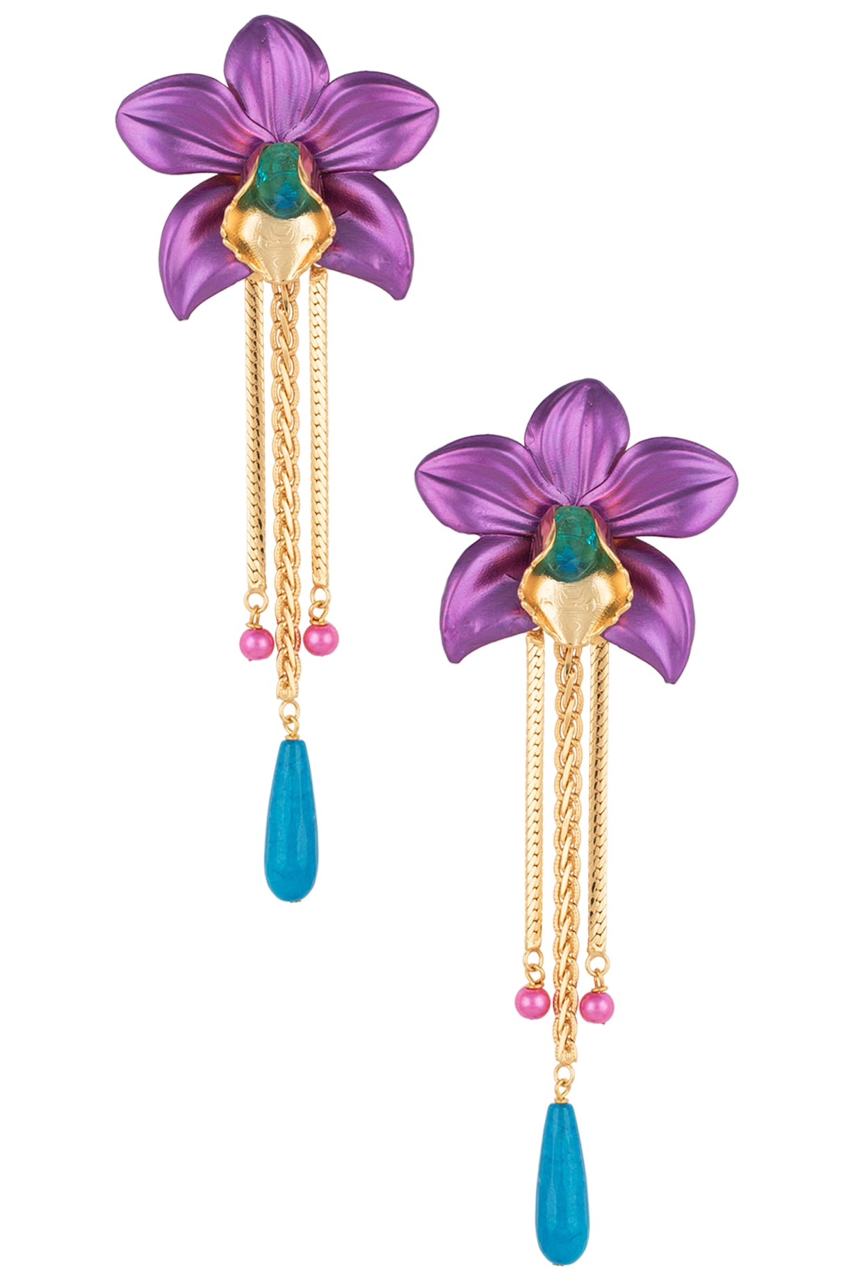 Gold plated mauve orchid earrings by Valliyan by Nitya Arora Orchid
