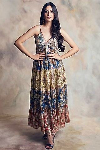 Gold Printed Jacquard Dress by Verb by Pallavi Singhee