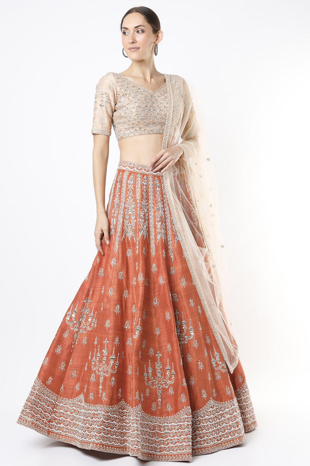 Rust Orange Embroidered Bridal Lehenga Set by Varun Chakkilam at Pernia's Pop Up Shop