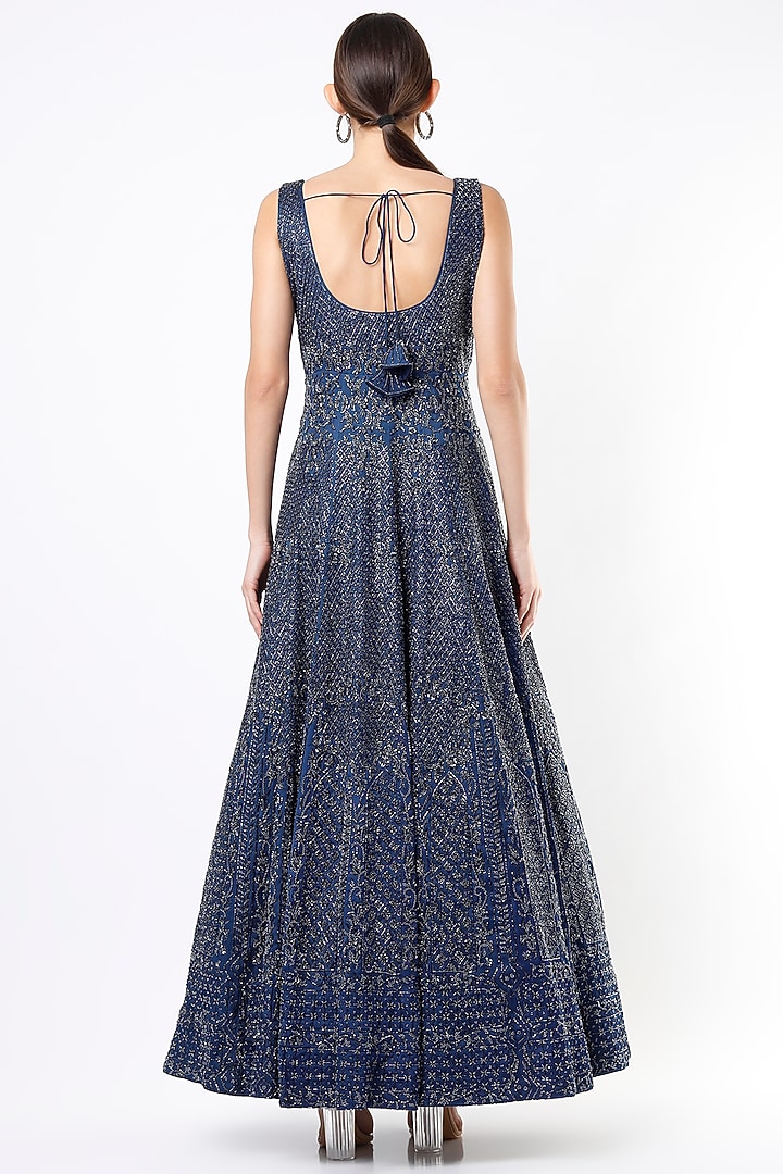 Midnight Blue Organza & Net Gown by Varun Chakkilam at Pernia's Pop Up Shop