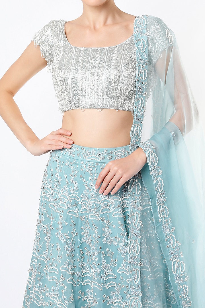 Powder Blue Bridal Lehenga Set With Motif Work by Varun Chakkilam at Pernia's Pop Up Shop