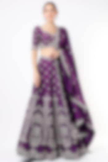 Dull Violet Embroidered Lehenga Set by Varun Chakkilam