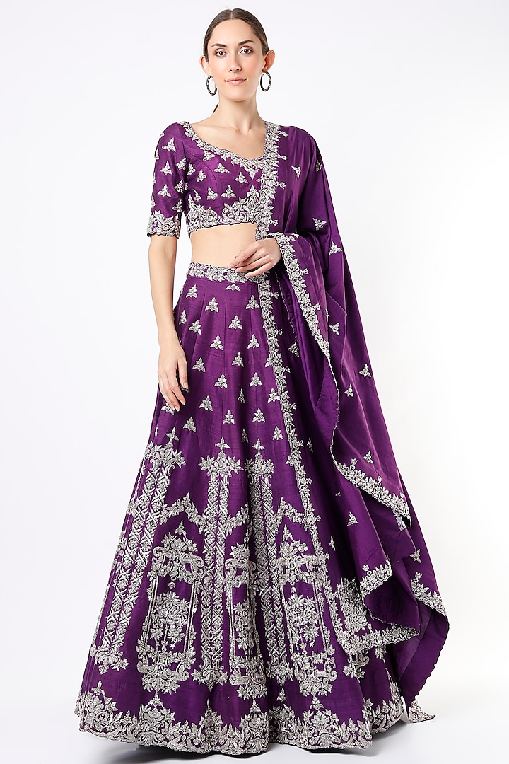 Dull Violet Embroidered Lehenga Set by Varun Chakkilam