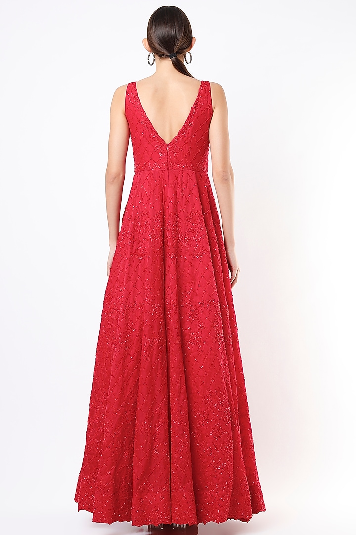 Bright Red Organza Gown by Varun Chakkilam at Pernia's Pop Up Shop
