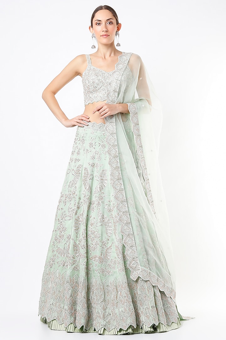 Mint Organza Bridal Lehenga Set by Varun Chakkilam at Pernia's Pop Up Shop
