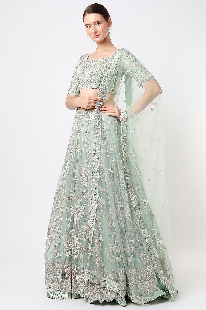 Pastel Green Zardosi Embroidered Bridal Lehenga Set by Varun Chakkilam at Pernia's Pop Up Shop