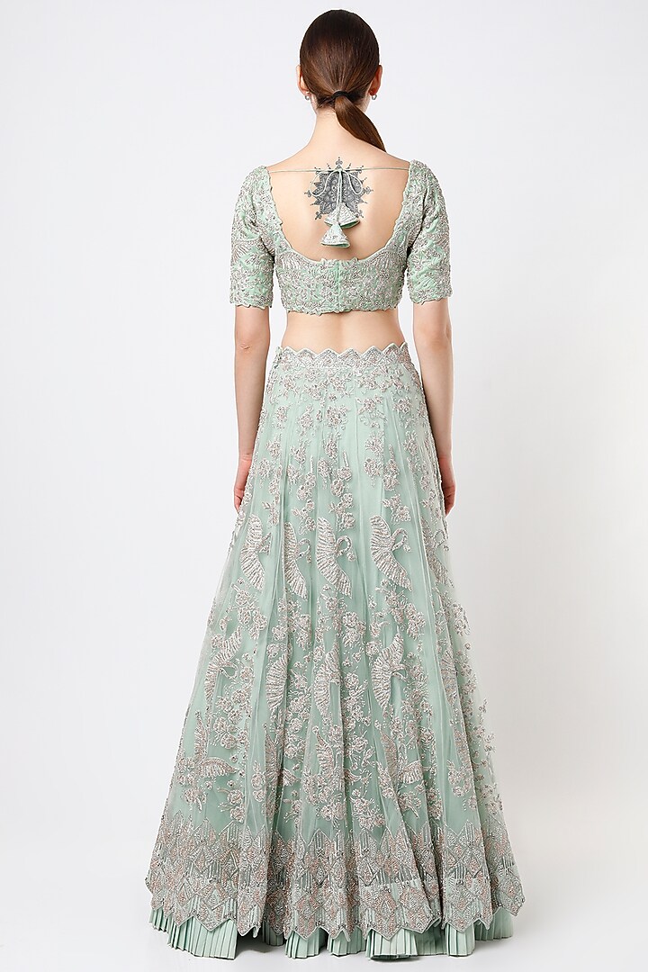 Pastel Green Zardosi Embroidered Bridal Lehenga Set by Varun Chakkilam at Pernia's Pop Up Shop