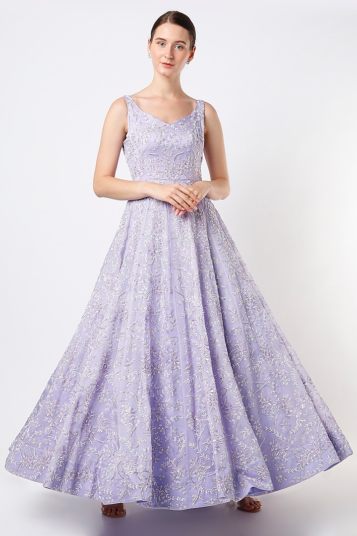 Lavender Floral Embroidered Gown by Varun Chakkilam