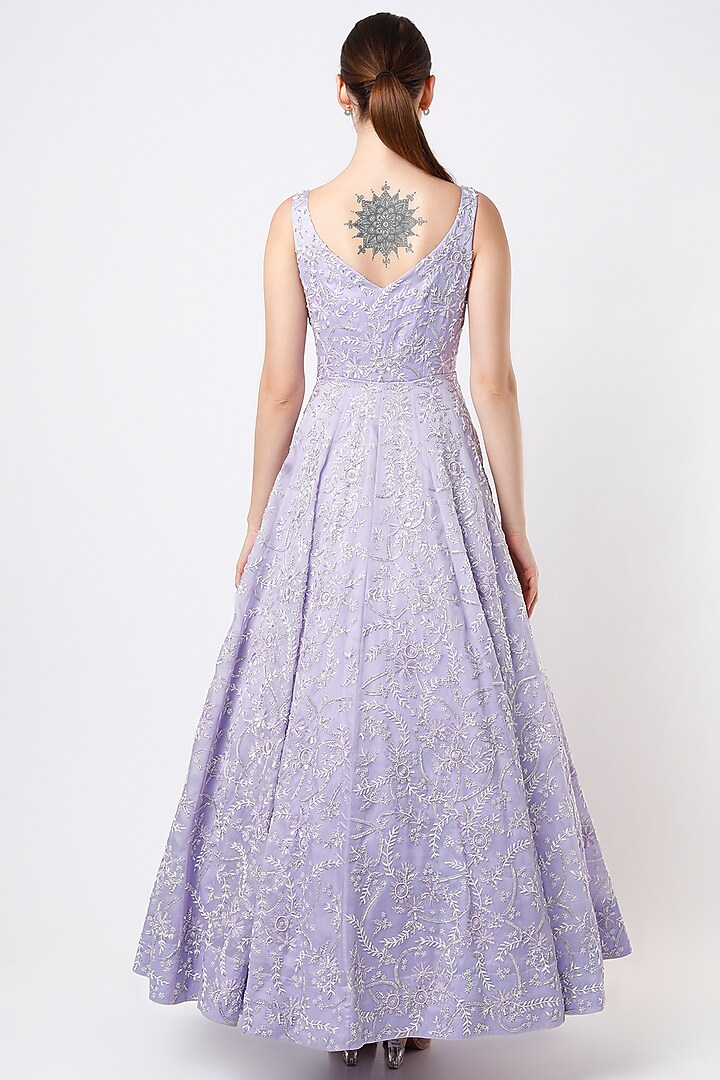 Lavender Floral Embroidered Gown by Varun Chakkilam at Pernia's Pop Up Shop