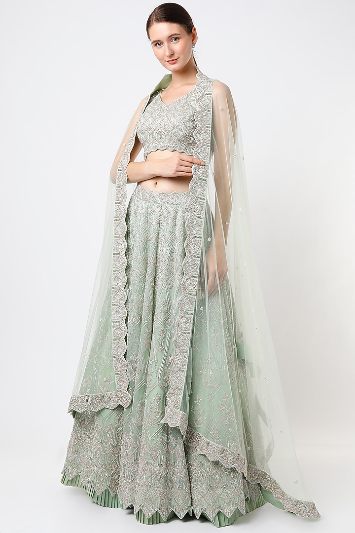 Pastel Green Embroidered Bridal Lehenga Set by Varun Chakkilam at Pernia's Pop Up Shop