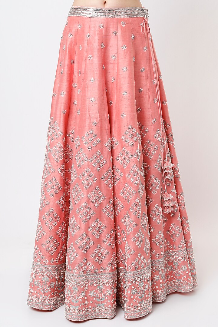 Peachy Pink Embroidered Bridal Lehenga Set by Varun Chakkilam at Pernia's Pop Up Shop