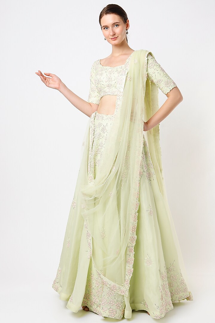 Light Green Embroidered Wedding Lehenga Set by Varun Chakkilam at Pernia's Pop Up Shop