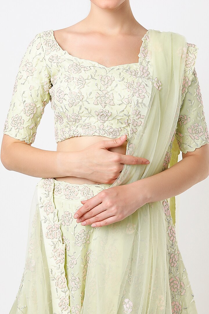 Light Green Embroidered Wedding Lehenga Set by Varun Chakkilam at Pernia's Pop Up Shop