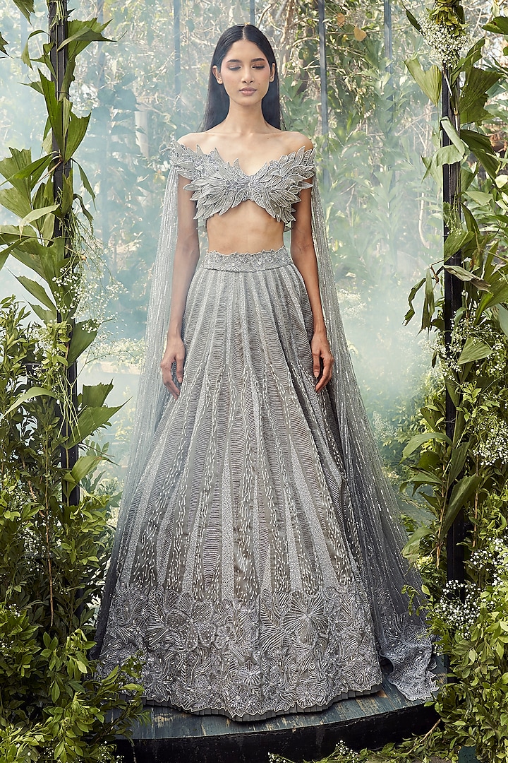 Infinite Grey Organza 3D Floral Embroidered Bridal Lehenga Set by Varun Chakkilam at Pernia's Pop Up Shop