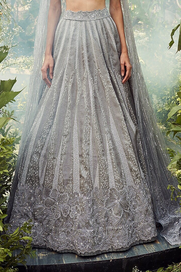 Infinite Grey Organza 3D Floral Embroidered Bridal Lehenga Set by Varun Chakkilam at Pernia's Pop Up Shop