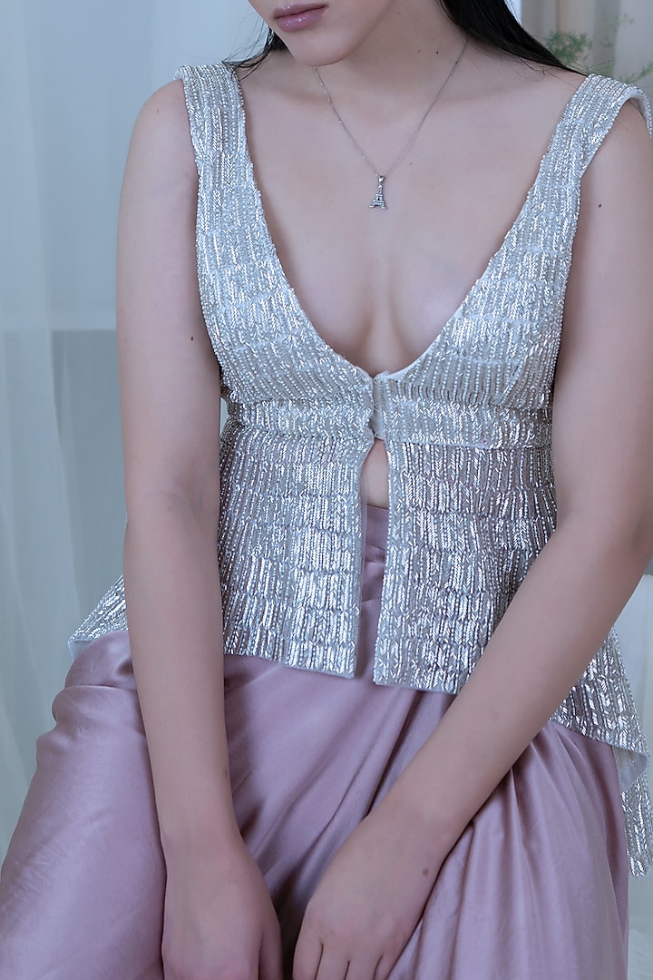 Silver & Blush Pink Embroidered Skirt Set by Varun Chakkilam at Pernia's Pop Up Shop