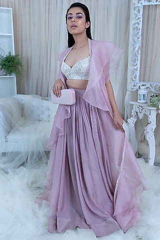 Blush Pink & Silver Embroidered Skirt Set by Varun Chakkilam