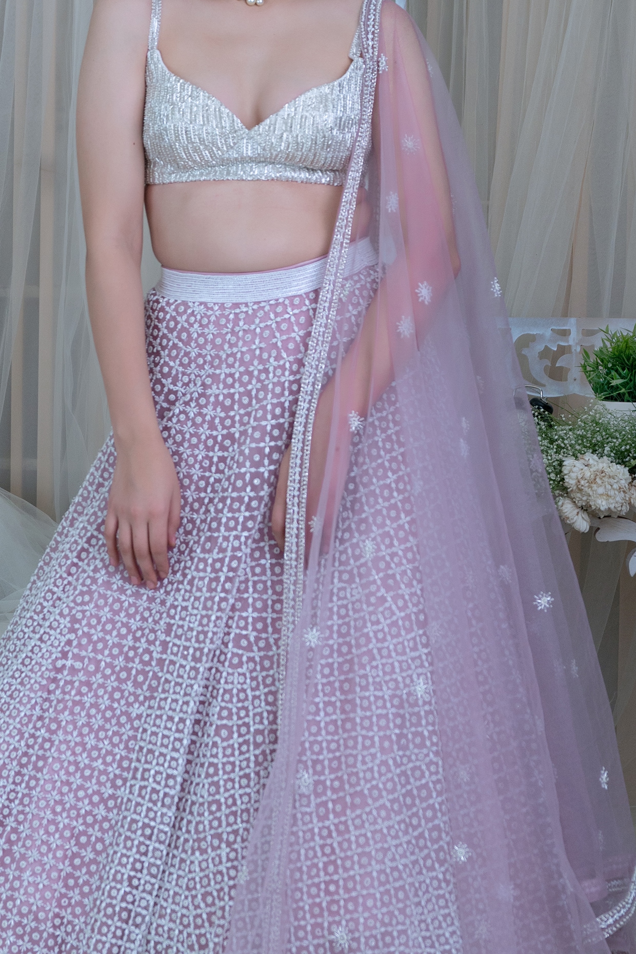 Silver grey palazzo and-crop top with lycra net dupatta only on Kalki