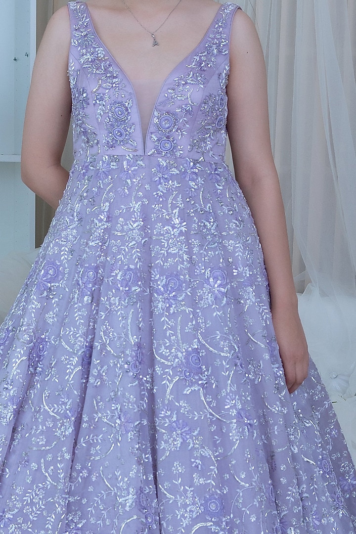 Lavender Floral Embroidered Gown by Varun Chakkilam at Pernia's Pop Up Shop