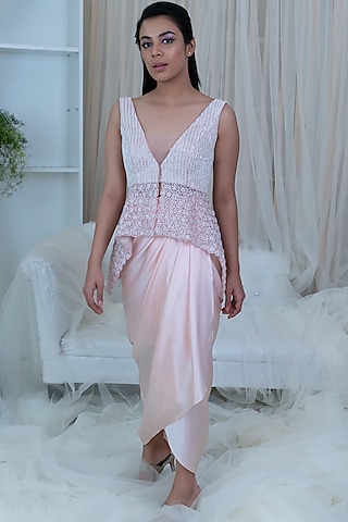 Silver & Peach Embroidered Skirt Set by Varun Chakkilam