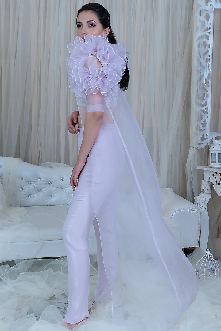 Lilac Embroidered Ruffled Jacket Set by Varun Chakkilam at Pernia's Pop Up Shop