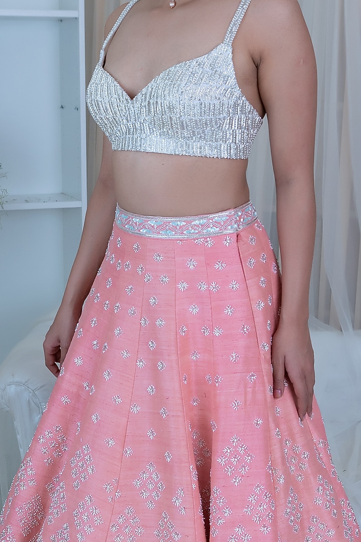 Peach & Silver Embroidered Wedding Lehenga Set by Varun Chakkilam at Pernia's Pop Up Shop