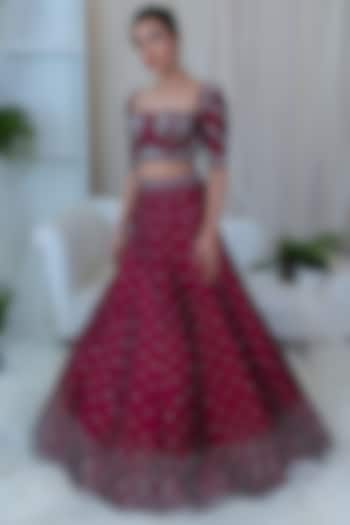 Plum Red Embroidered Wedding Lehenga Set by Varun Chakkilam at Pernia's Pop Up Shop