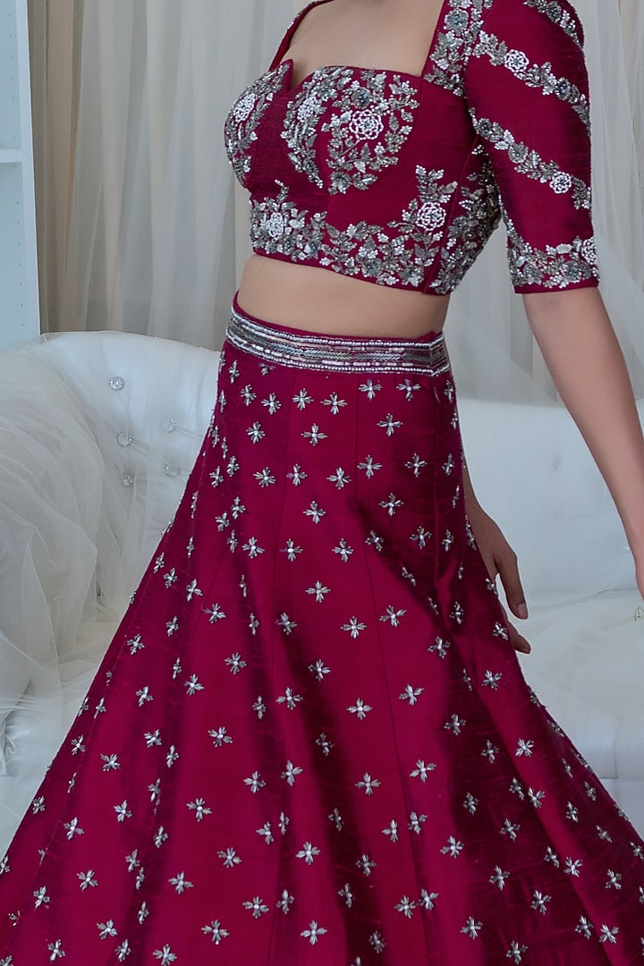 Plum Red Embroidered Wedding Lehenga Set by Varun Chakkilam at Pernia's Pop Up Shop