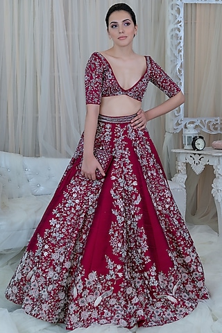 Maroon Floral Embroidered Lehenga Set by Varun Chakkilam