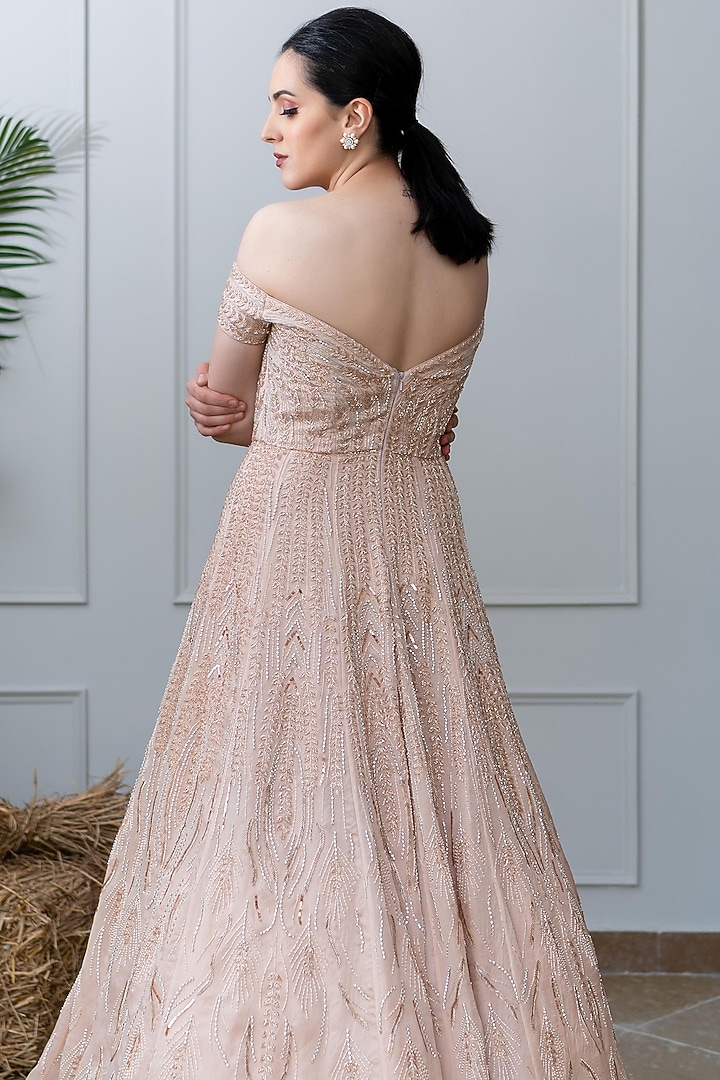 Peach Embroidered Off Shoulder Wedding Gown by Varun Chakkilam at Pernia's Pop Up Shop