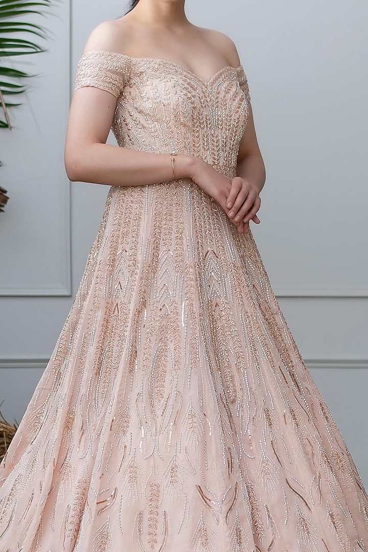 Peach Embroidered Off Shoulder Wedding Gown by Varun Chakkilam at Pernia's Pop Up Shop